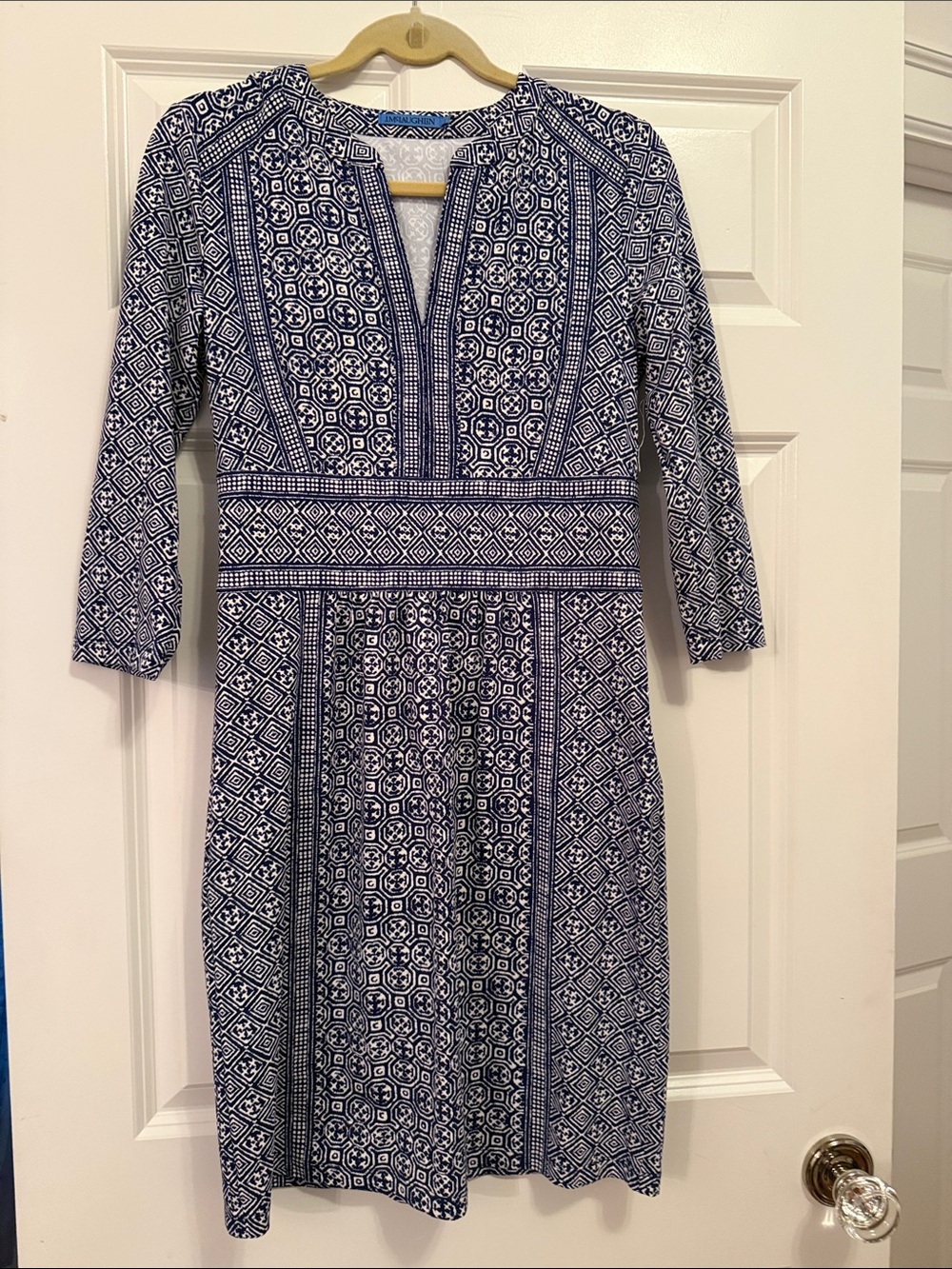 J McLaughlin Blue and White Geometric Print Dress